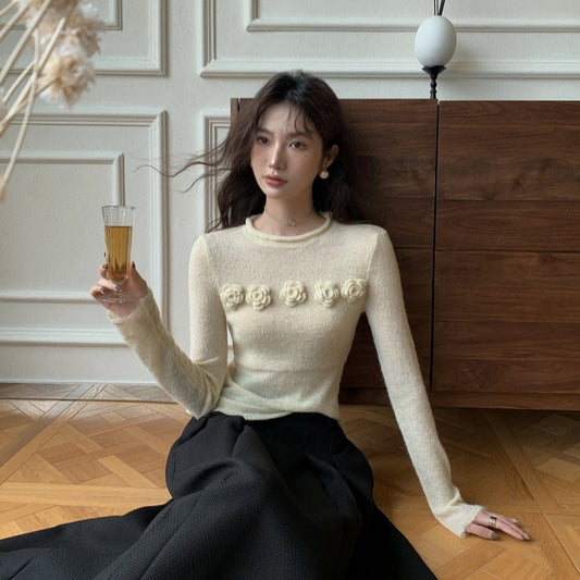 Micro Transparent Flower Sweater New Korean Version Elegant Round Neck Knitted Top