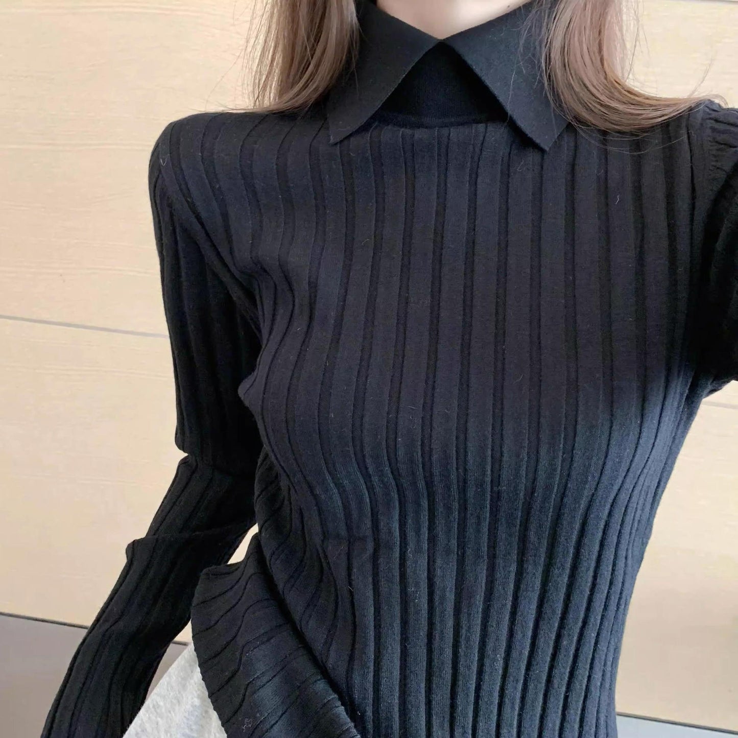 Early Autumn Winter Thread Sunken Stripe Slim Fit Pullover Inner Wear Knitted Bottoming Shirt Lapel Long Sleeve Sweater