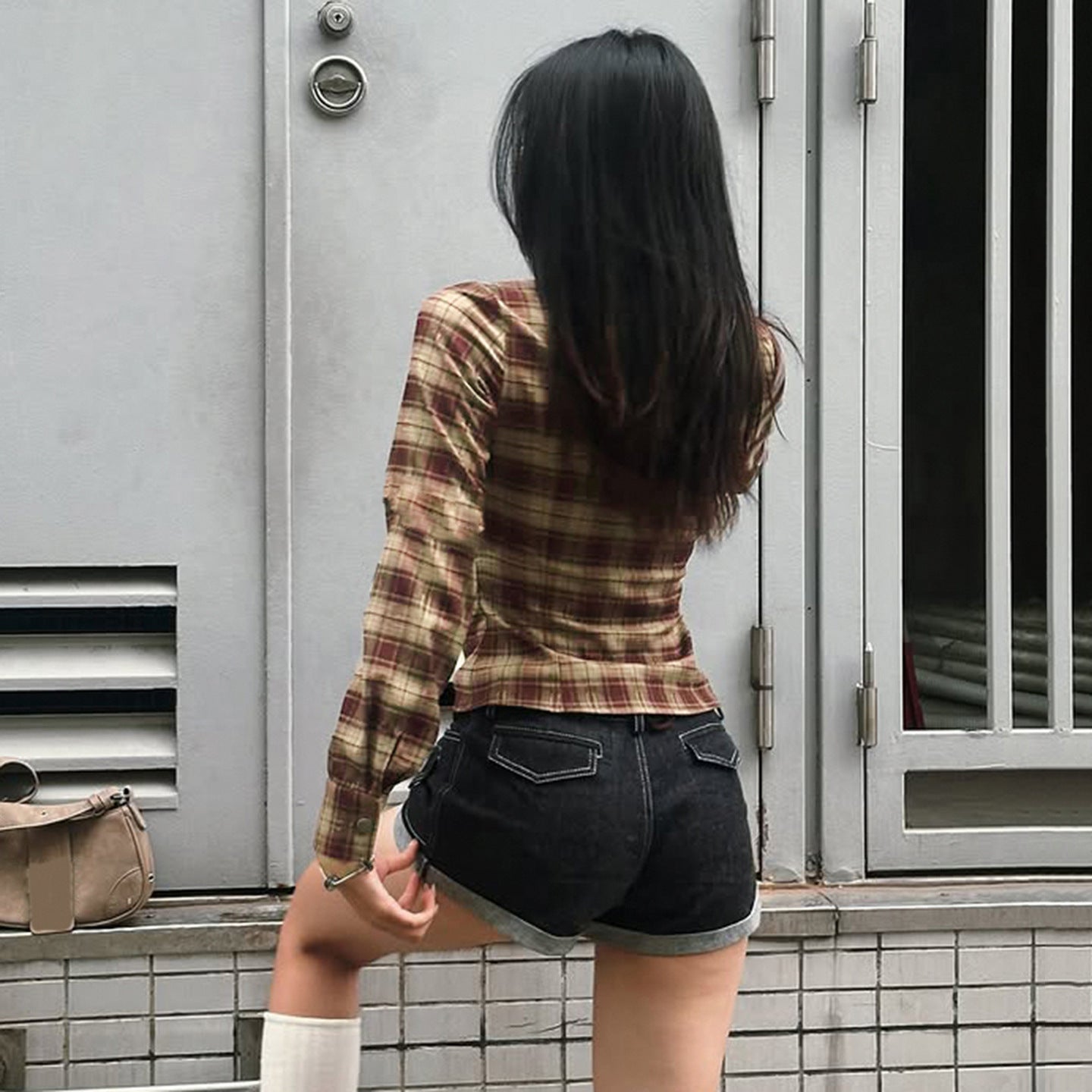 Color-contrast Check Personalized Fashion Design Pocket Long Sleeve Top