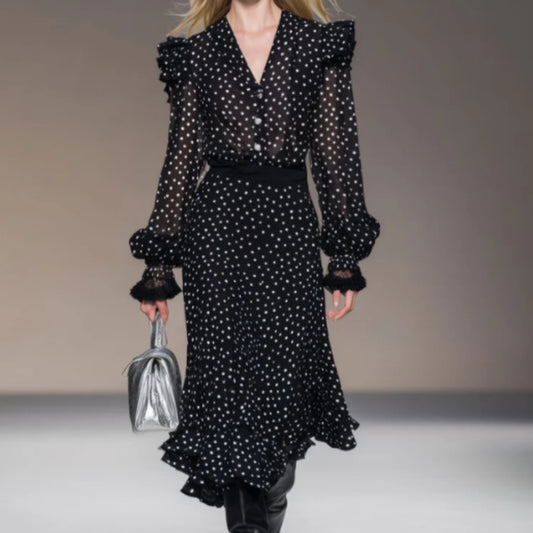 Retro Vacation Polka Dot Black Chiffon Long sleeved Shirt And Skirt Set
