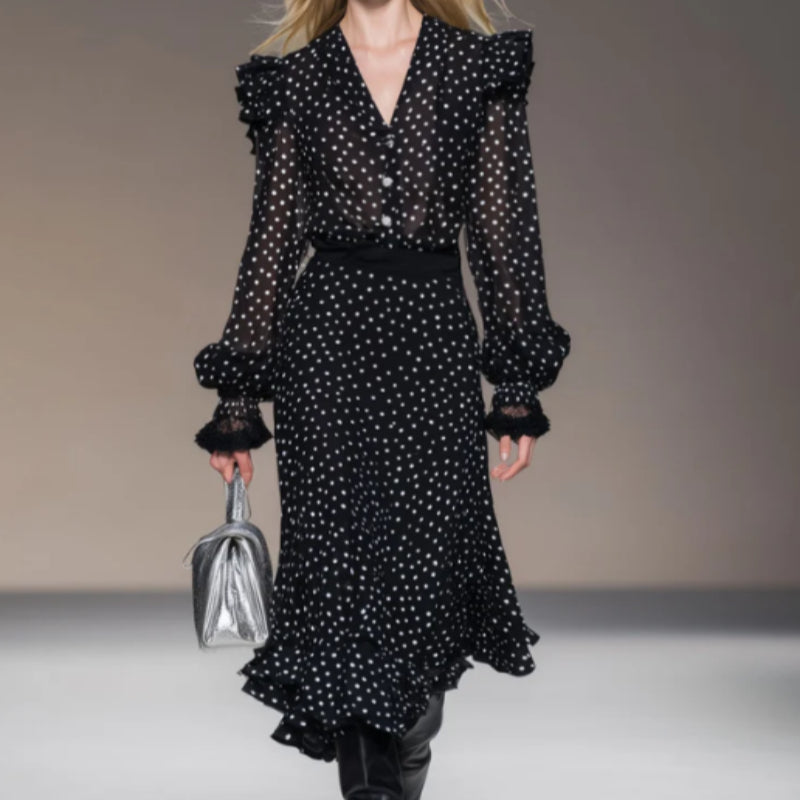 Retro Vacation Polka Dot Black Chiffon Long sleeved Shirt And Skirt Set