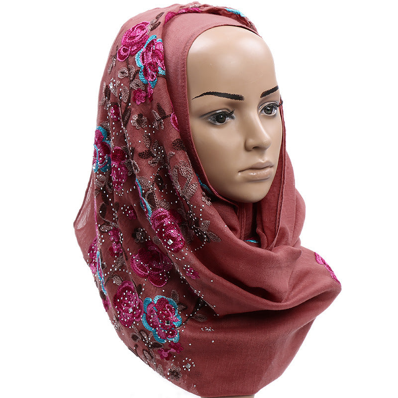 Pure Color Cotton And Linen Embroidered Hot Drilling Fringe Scarf