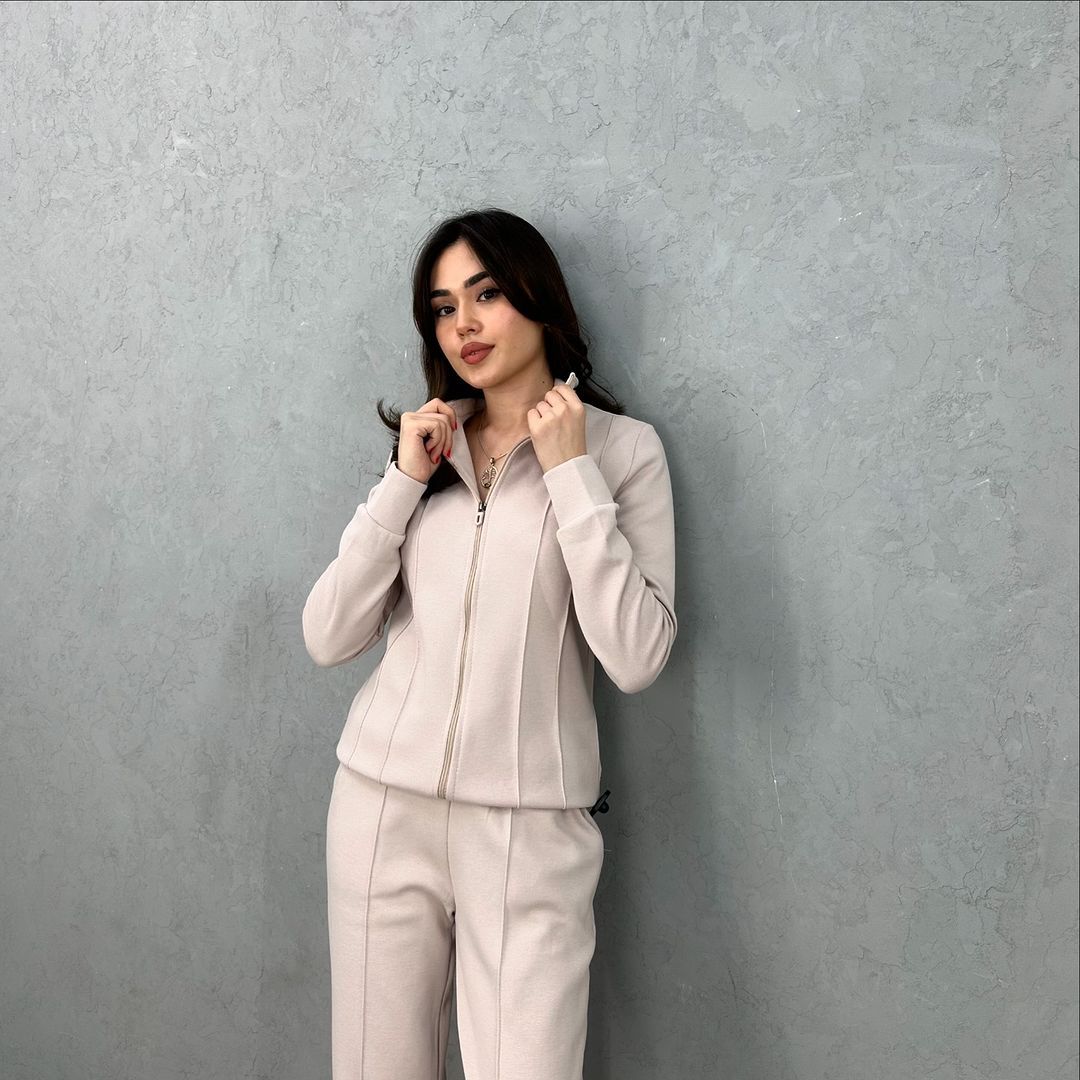 Solid Color Skin Friendly Womens Outerwear Set Featuring A Stand Up Collar And Zipper