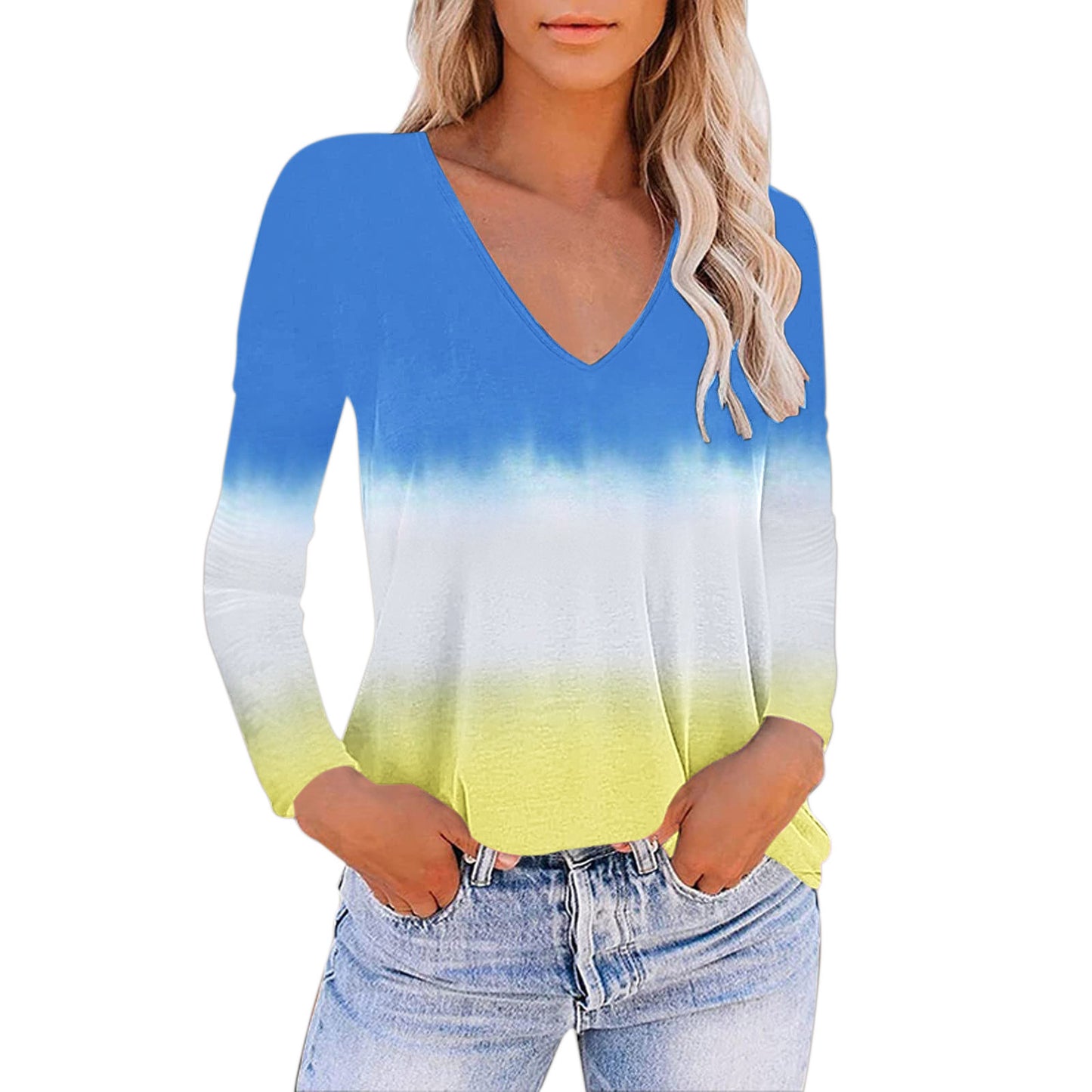 European And American Women's V-neck Gradient Print Loose T-shirt