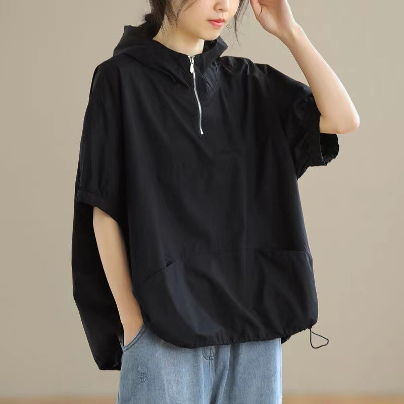 Women's Loose Casual Hooded Zipper Short Sleeve