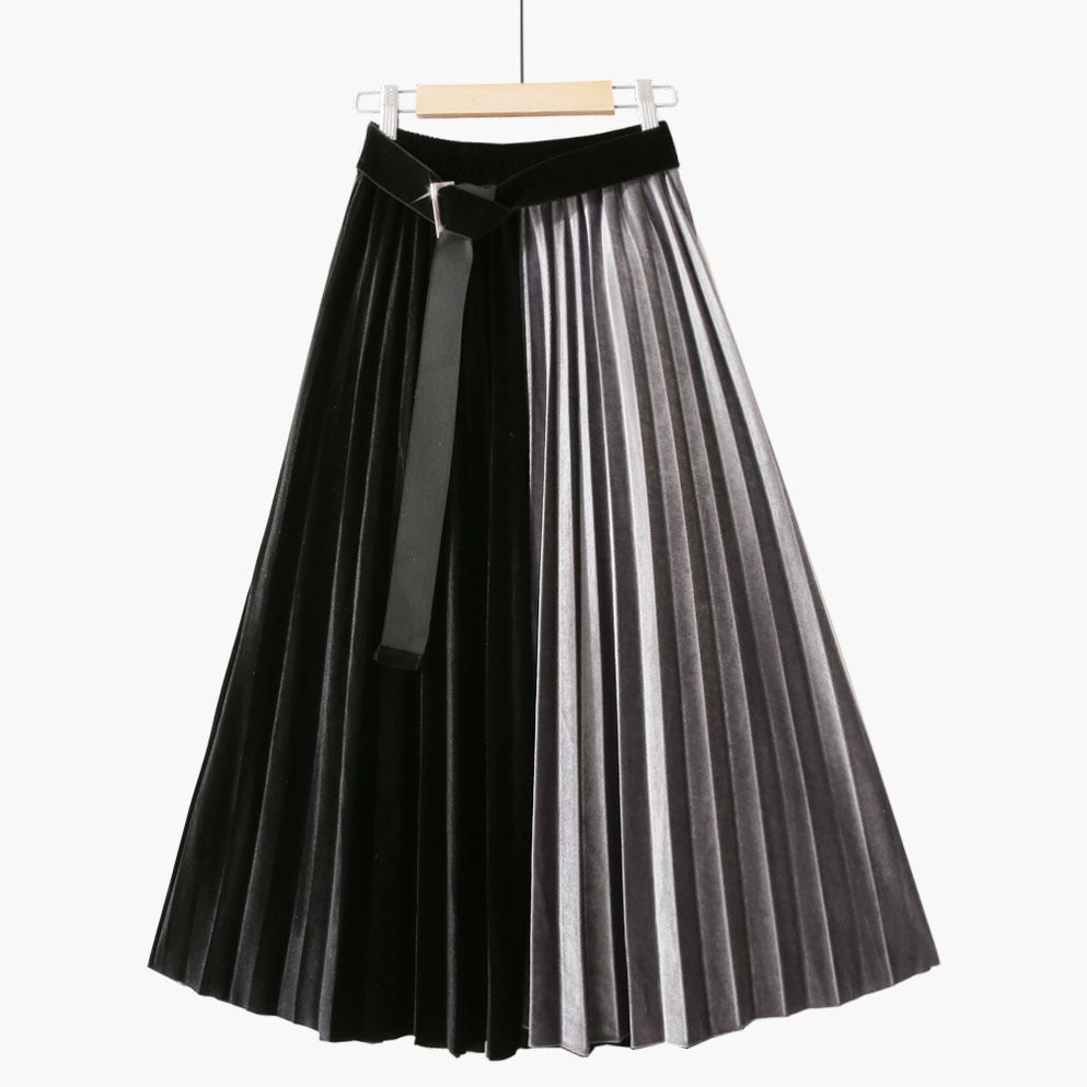 Height Belt Pleuche Patchwork Contrast Color Retro Slimming Skirt