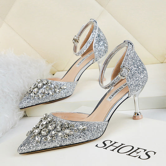 European And American Sexy Pointed Toe Rhinestone High Heels