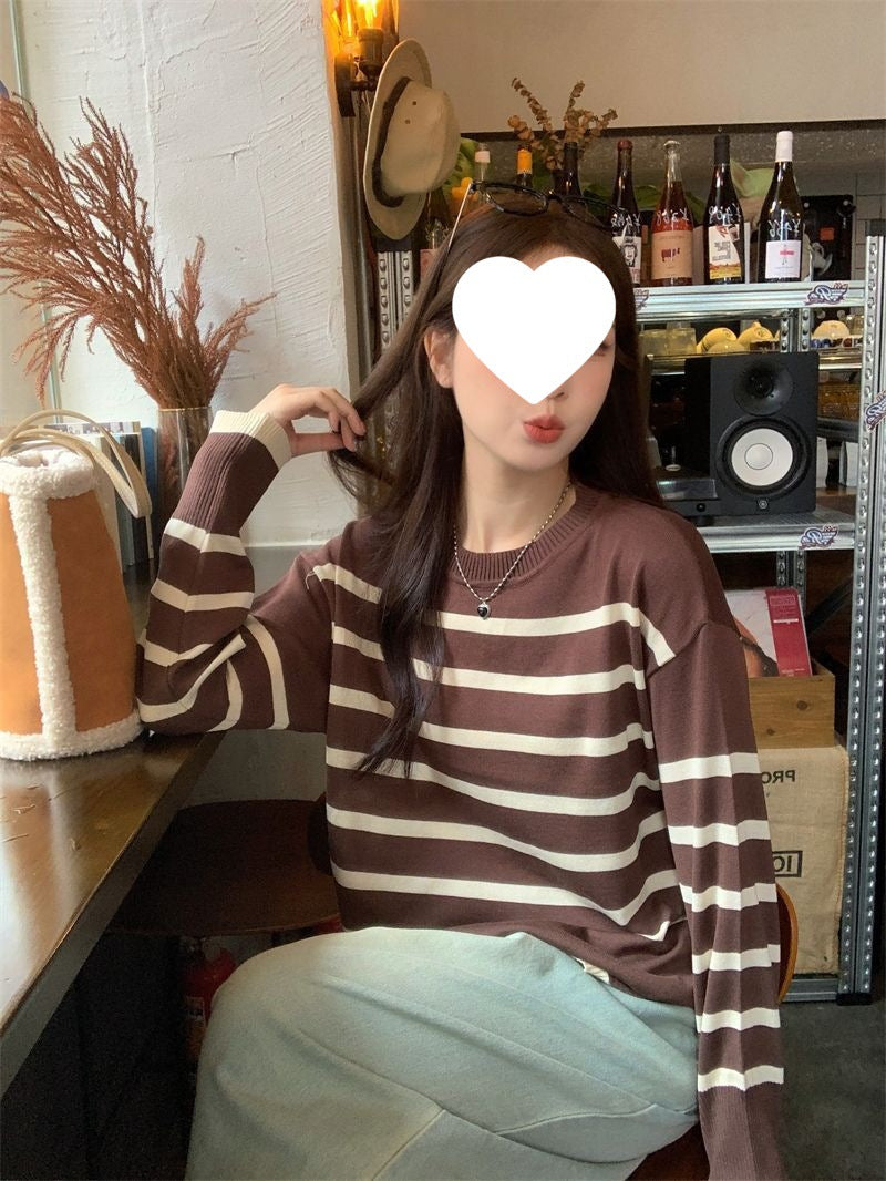 Idle Style Retro Striped Crew Neck Long Sleeves Knitwear