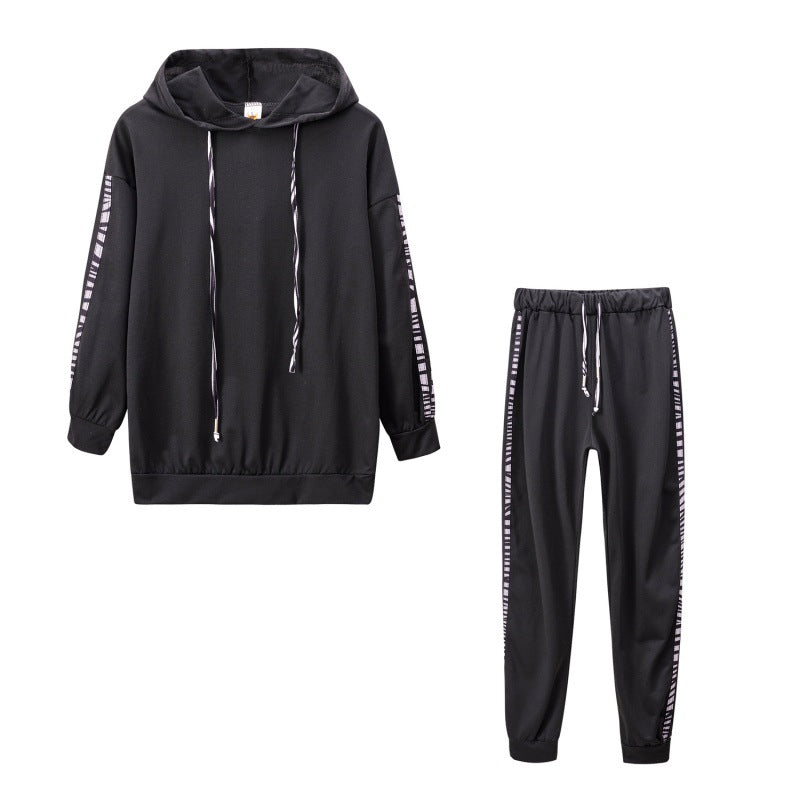 Solid Color Striped Casual Hoodie Two-piece Set