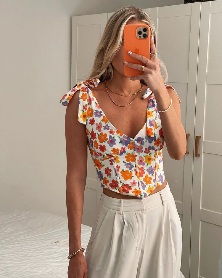 Dame Sexet Printet V-hals Plisseret Cropped Sløjfetop