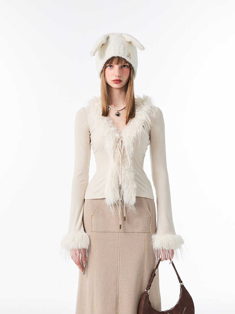 Woolen Sweater V-neck Lace Up Cardigan Long-sleeved Top