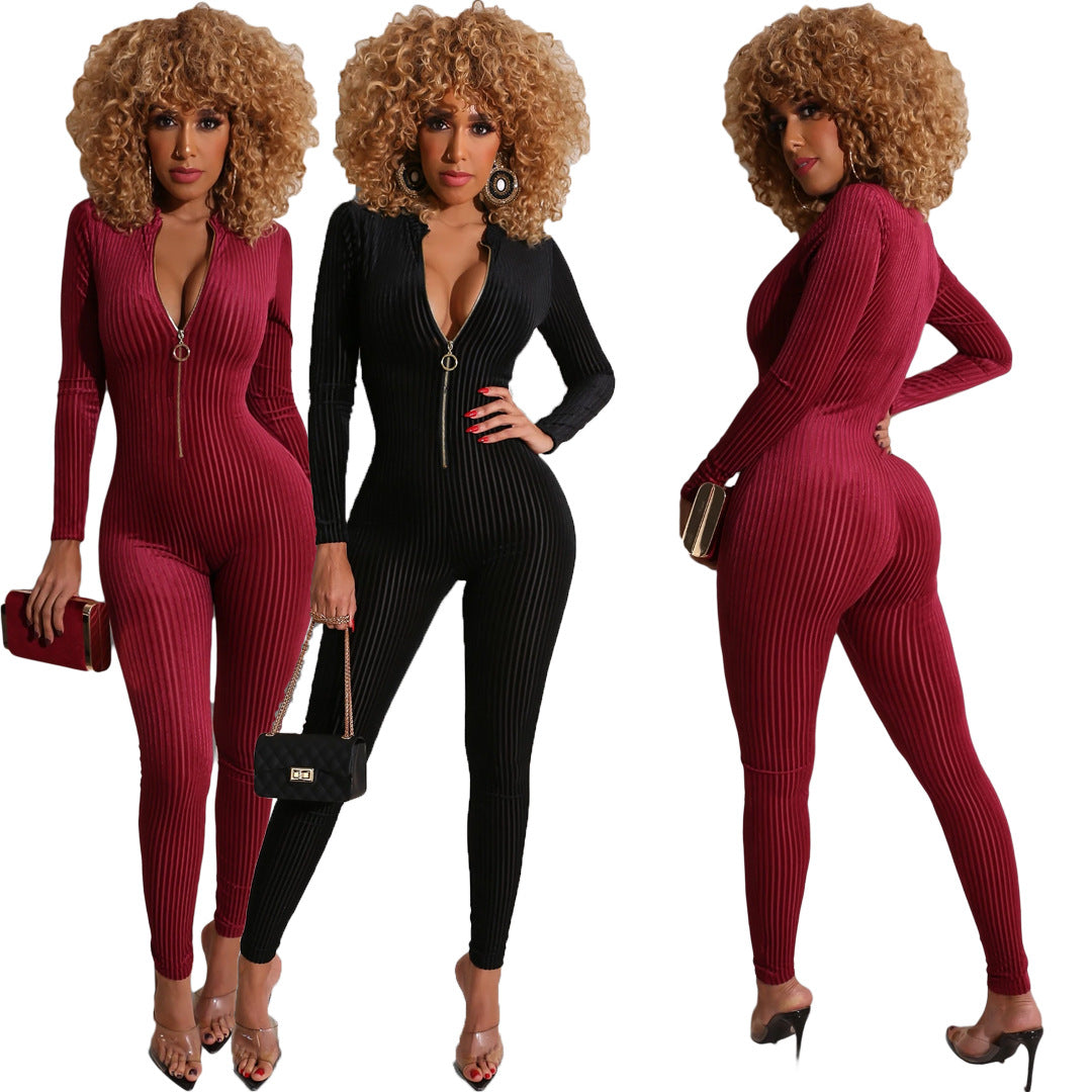 Women's Fashion Long Sleeved Solid Color Jumpsuit