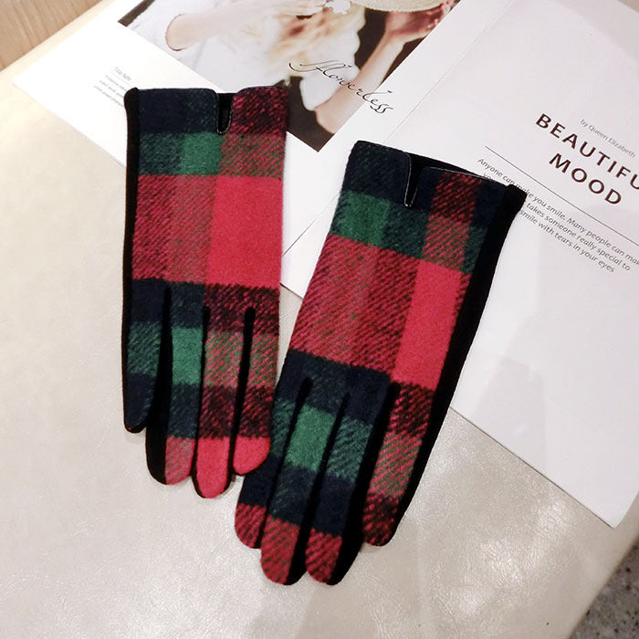Color Plaid Wool Plus Velvet Thick Five-finger Gloves