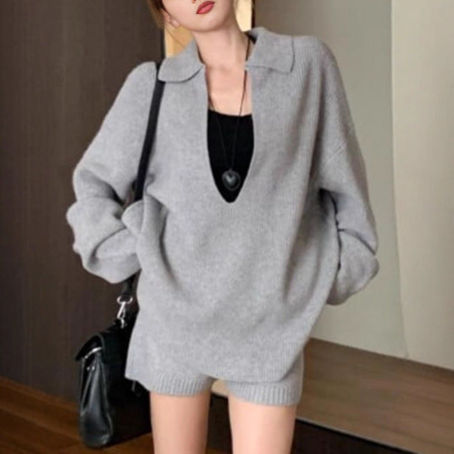Dame V-hals Sweater Sæt Løs Sweater Shorts