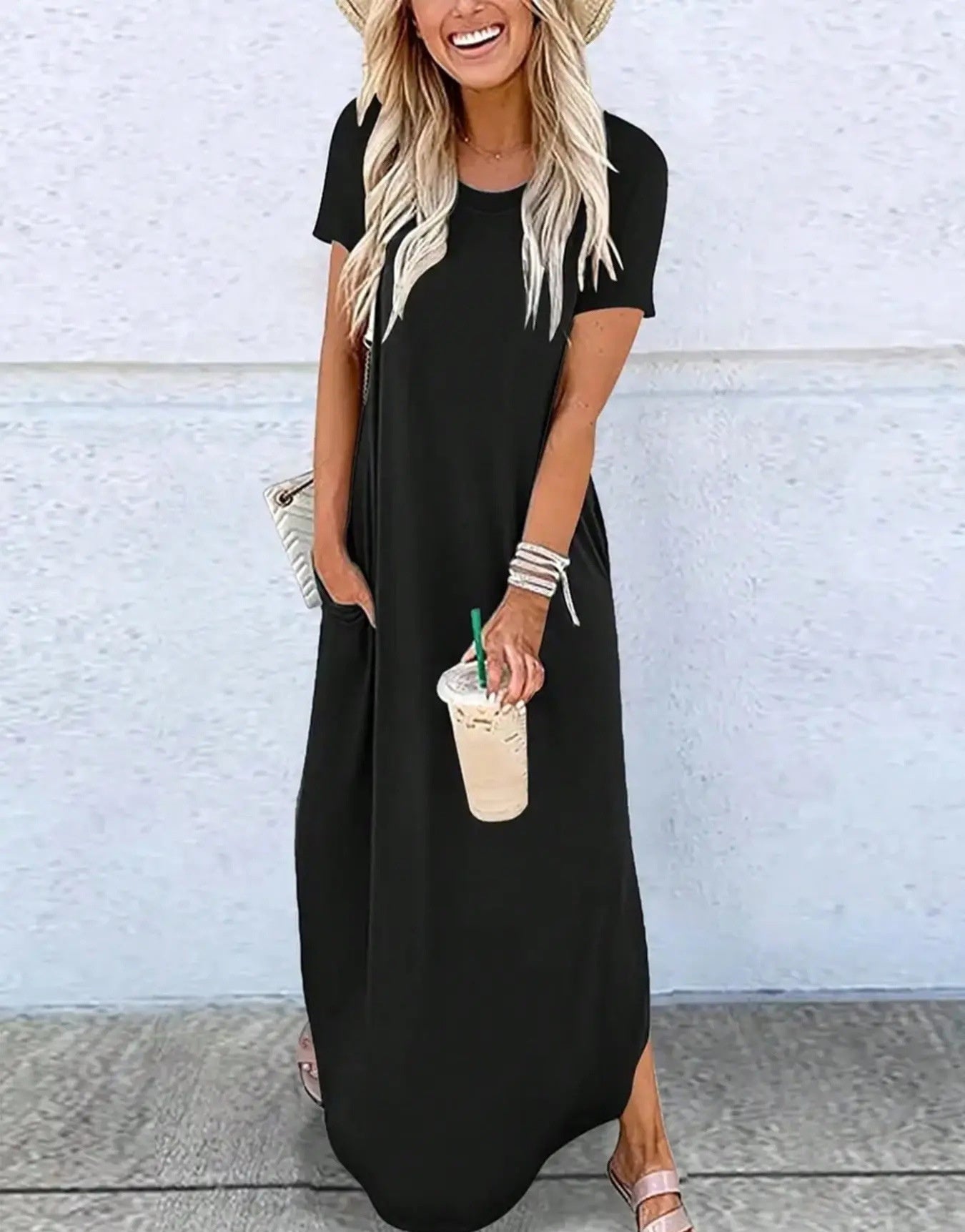 Solid-color Crew-neck Pocket Short-sleeve Dress