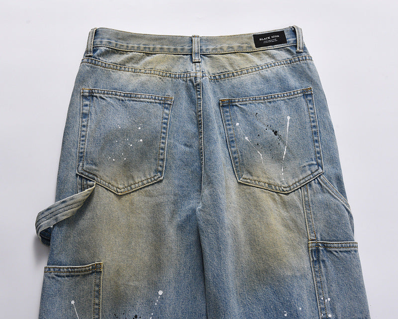 High Street Trendy Brand Long Zipper Split Burnt Out Speckled Ink Jeans