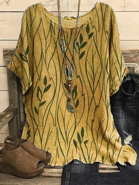 Women's Round Neck Printed Loose Cotton Linen T-shirt Top