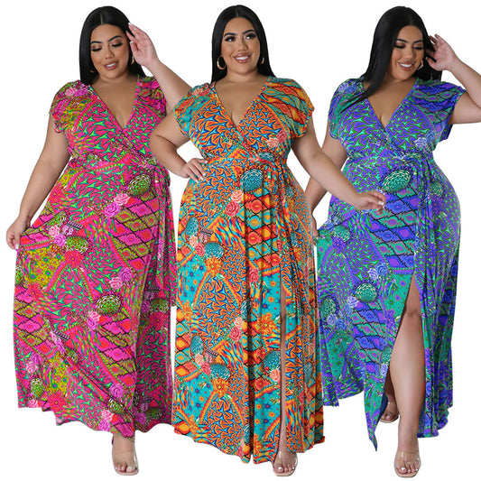 Persian-style V-neck Short-sleeve Split Maxi Dress In Plus Sizes