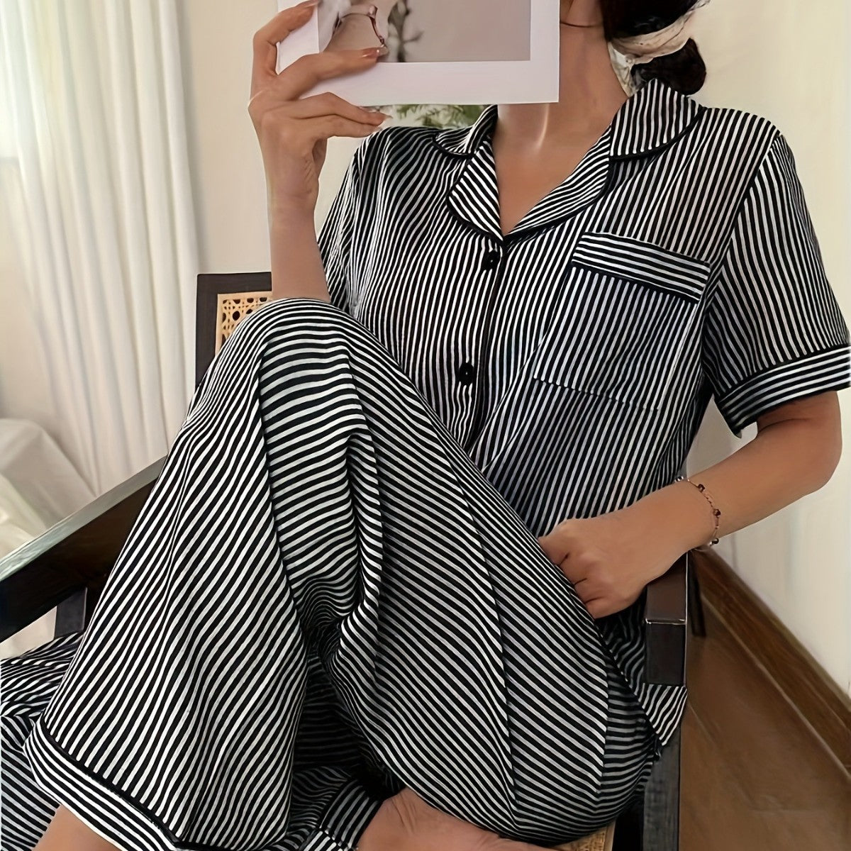 Womens Comfortable Striped Short-Sleeve Top And Pants Pajama Set