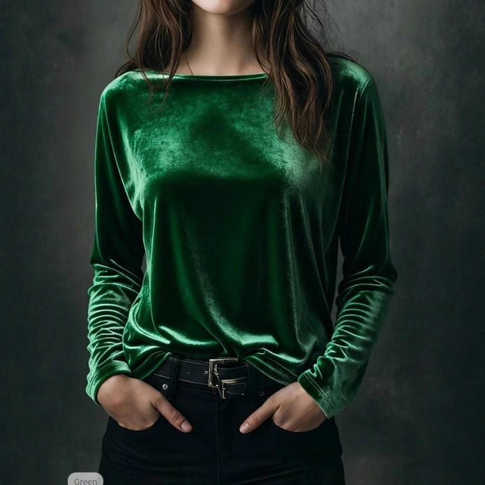 Dame Ensfarvet Løstsiddende Rundhalset Pullover Fløjl T-shirt