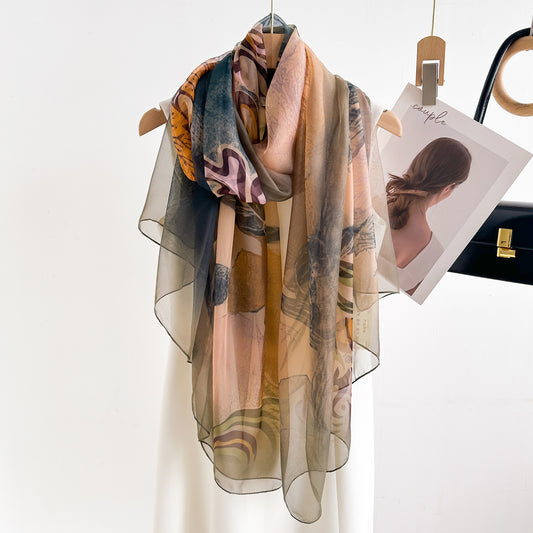 Youshou Silk Scarf Sun Protective Shawl Thin Long Style With Print