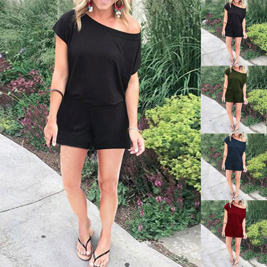 Women's Solid Color Loose Fashion Diagonal Shoulder Short-sleeved Jumpsuit
