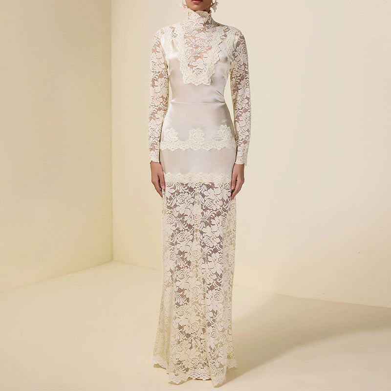 High-neck Lace-panelled Long-sleeve Waist-cinching Sheath Dress