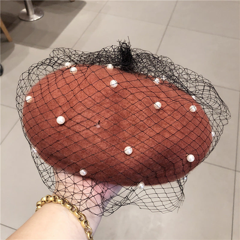 Woolen Pearl Mesh Beret Women's British Retro Hat