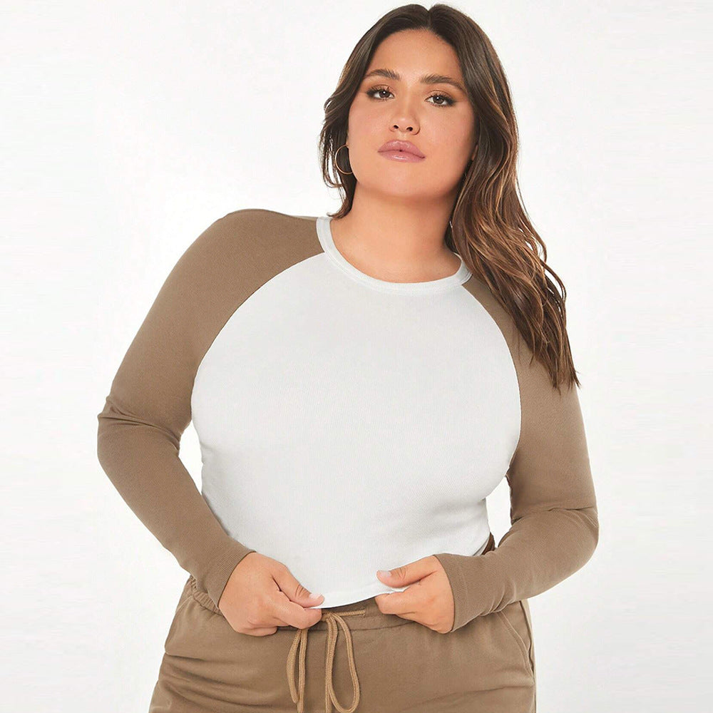 Women's Slim-fitting Round-neck Short Spliced Color-block Long-sleeve Top