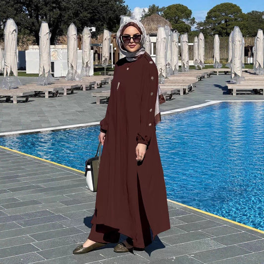 Fashionable Long Set With Round Neck Gold Buttons Puff Sleeves And Patch Pockets