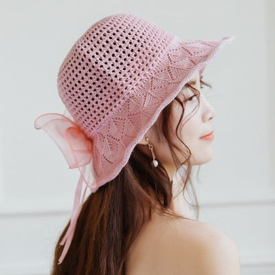 Women's Satin Bow Cotton Linen Sun Hat Foldable