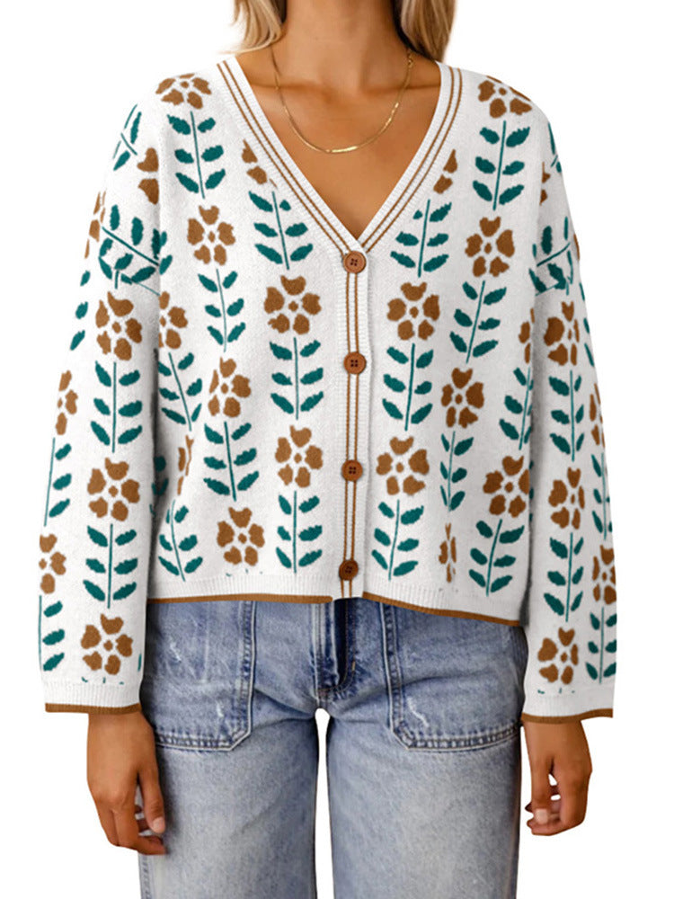 European And American Ladies Single-breasted Long Sleeve Flower Sweater
