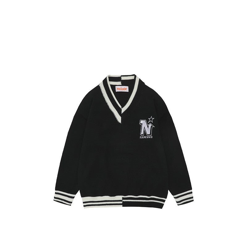 Men's And Women's Letter Embroidered Pullover V-Neck Sweater