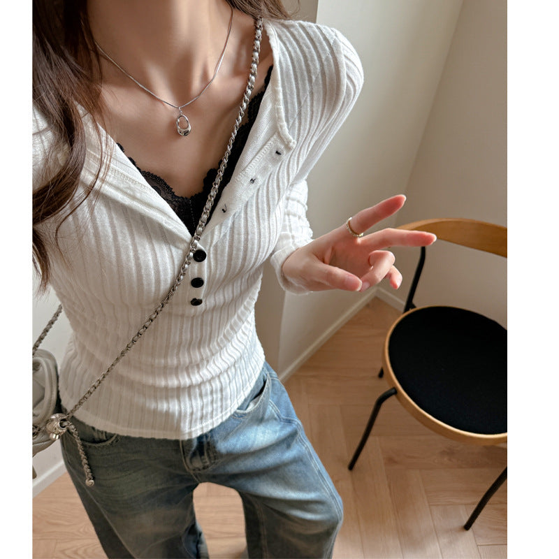 Fashion Lace Spliced Long Sleeve T-shirt Women