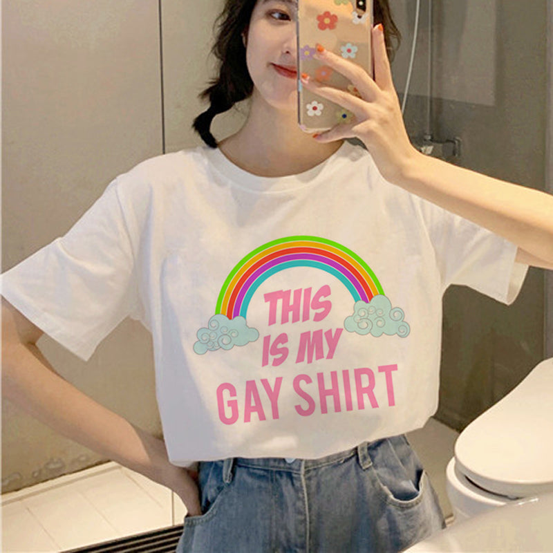 Personality Couple Wear Rainbow Letter Print Casual Short Sleeve T-Shirt