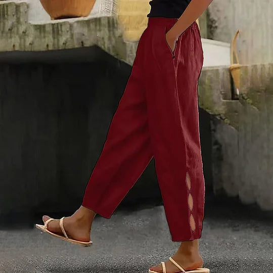 Hollow-Out Ankle Detail Trousers - Button-Adorned Bottom Hem Pants For Women Summer Daily Wear