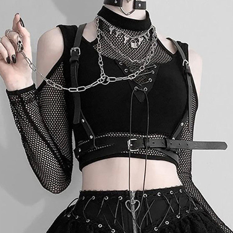 Mesh Patchwork Strapless Lace-up Long Sleeve Solid Top
