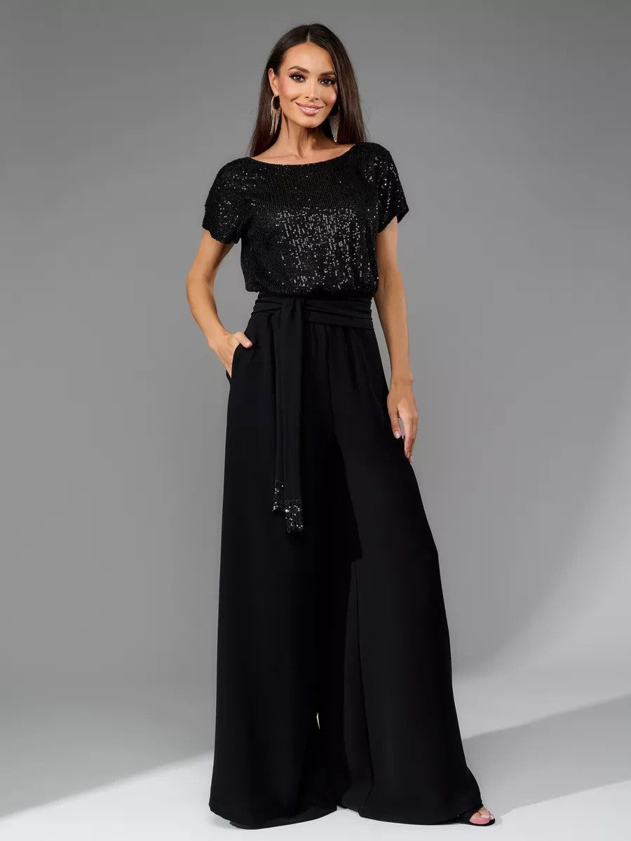European And American One-piece Sequin Fashion Short Sleeve Casual Jumpsuit Trousers