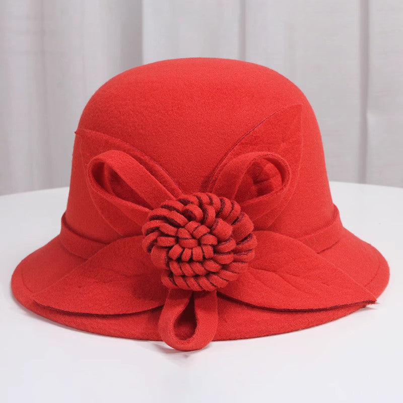 Korean Style Autumn And Winter Women's Woolen Hat Flowers British Retro Fisherman Basin Hat