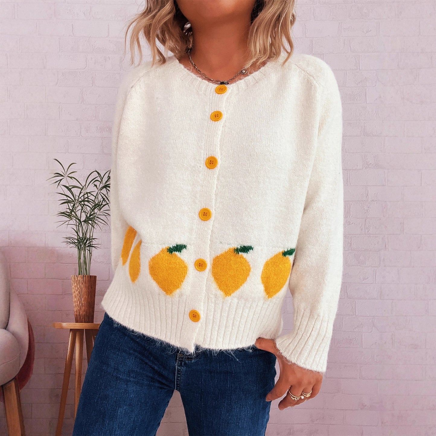 Lemon Jacquard Contrast Color Button Casual Loose Round Neck Sweater