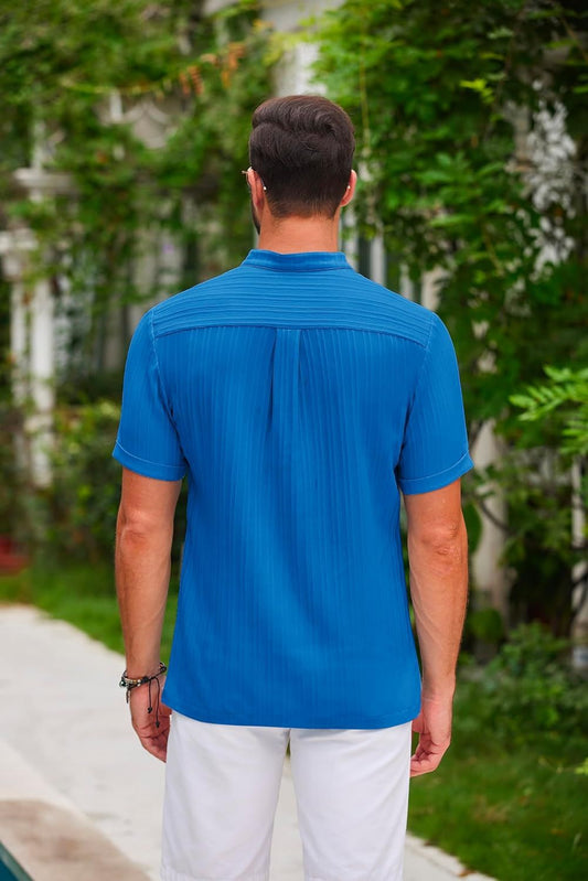 Summer Stand Collar Buttons Short Sleeve T-shirt Solid Color Stripe POLO Shirt Fashion Casual Beach Clothing For Men