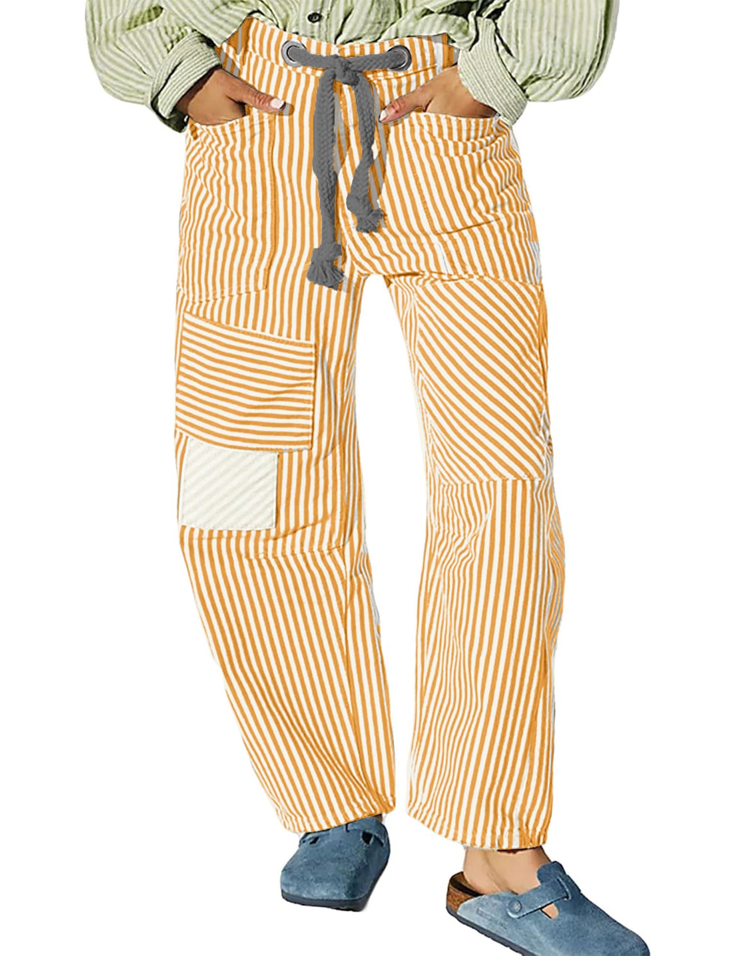 Fashion Commuter Casual Loose Wide Leg Striped Stitching Drawstring Pocket Trousers