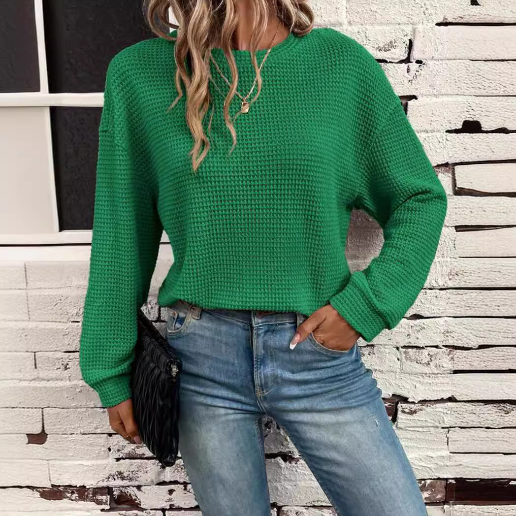 Dame Strikket Rundhals Langærmet Løs Pullover Top