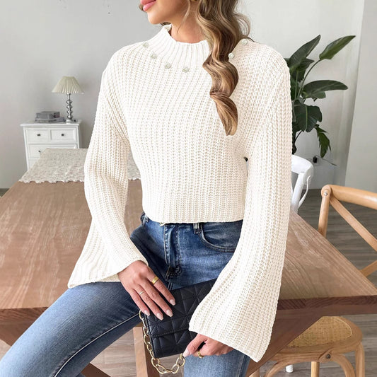 Women's Short Cropped Cropped Flared Sleeve Half Turtleneck Pullover