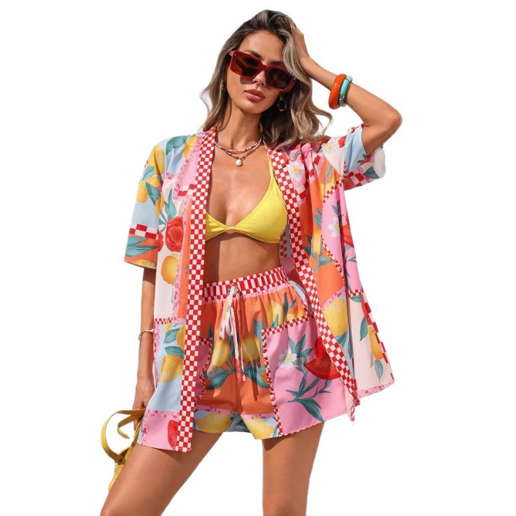 Vacation-style Casual Cardigan Short-sleeve Cape And Shorts Two-piece Set
