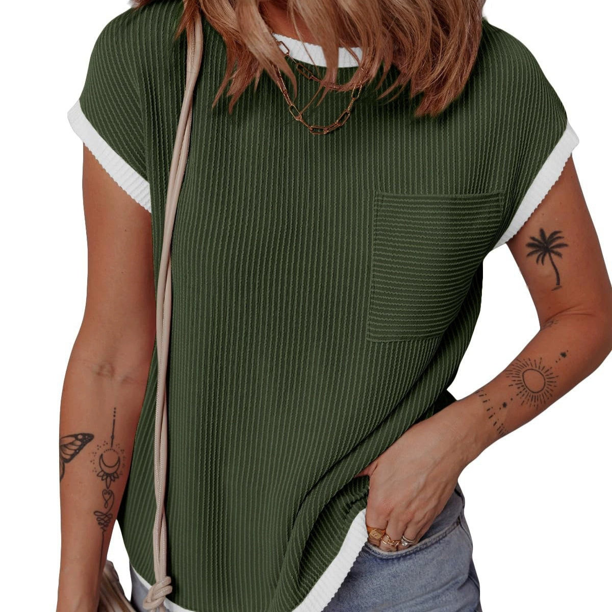 Women's Rib-knit T-shirt Casual Outerwear Top