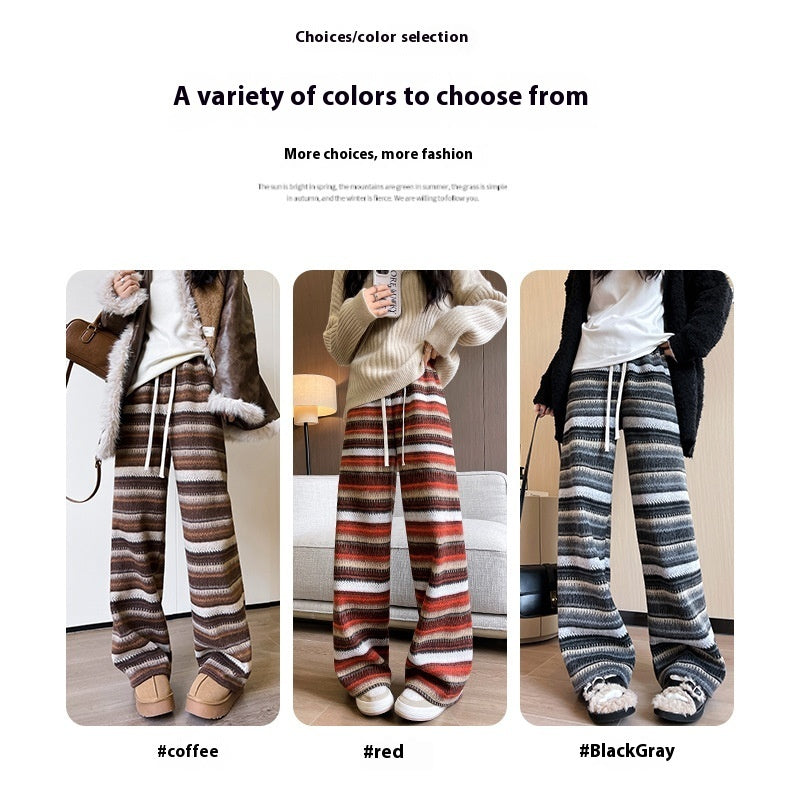 Woolen Striped Women's Wide-leg Pants Fallwinter Comfortable Retro