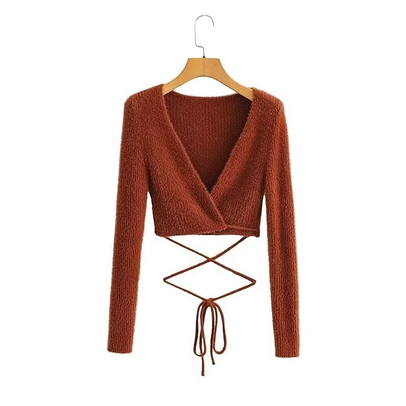 Knit bluse med lange ærmer og tynde stropper til damer