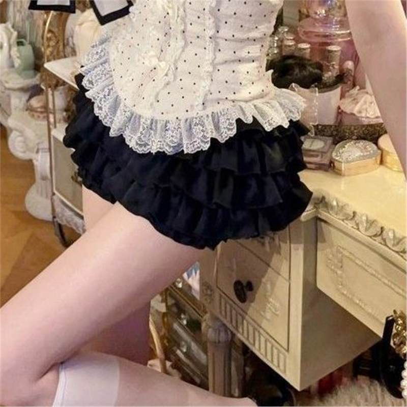 Lace Milk Tea-colored Polka-dot Top And Skirt Two-piece Set