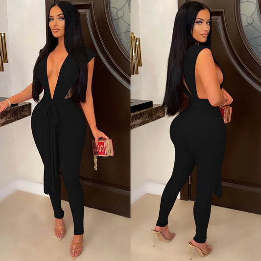 Women's Fashion Solid Color Deep V-neck Sleeveless Bandage Jumpsuit